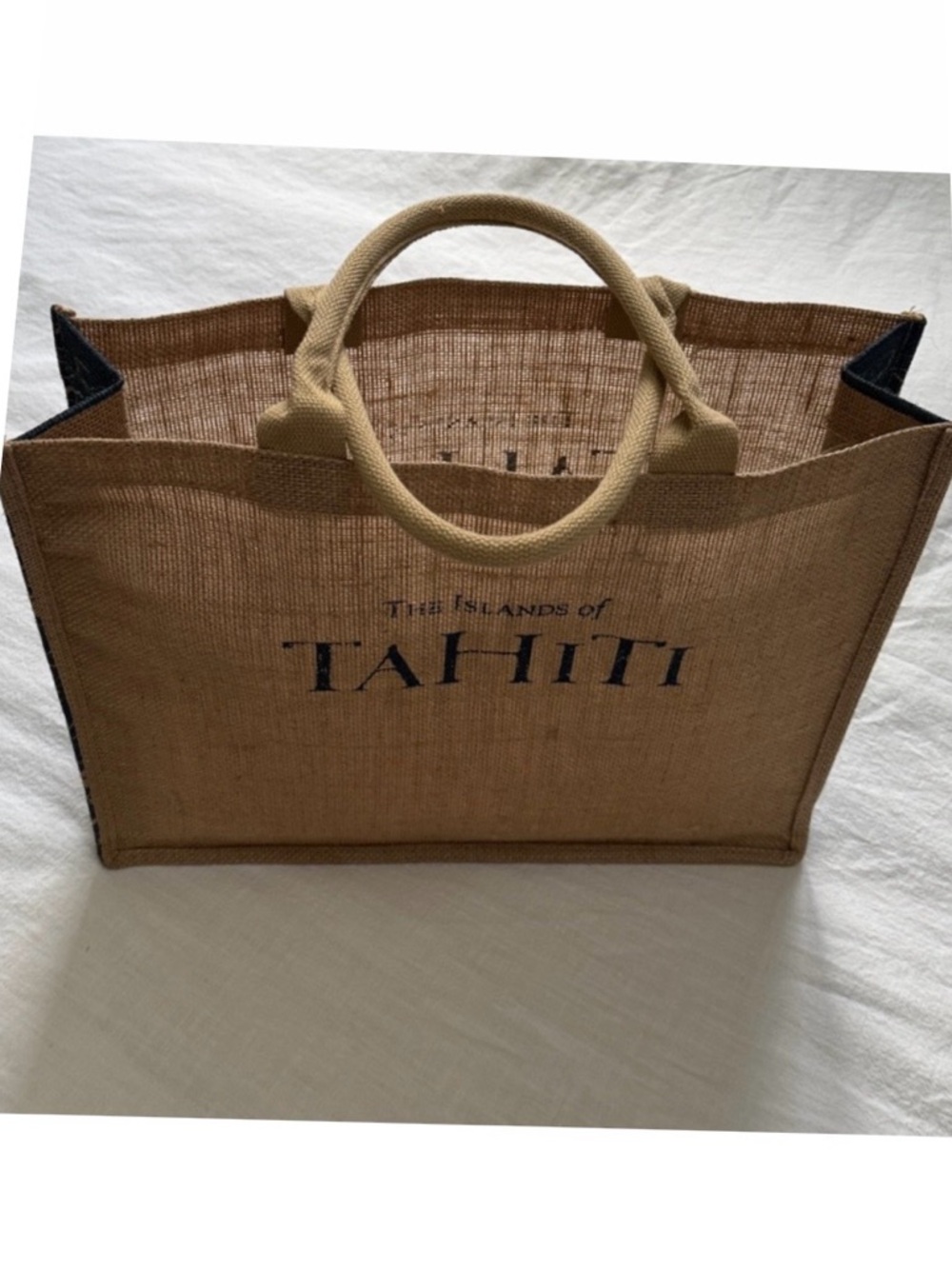 Islands of Tahiti Natural Fiber TOTE BAG Woven Unisex Travel TAN NAVY BEACH